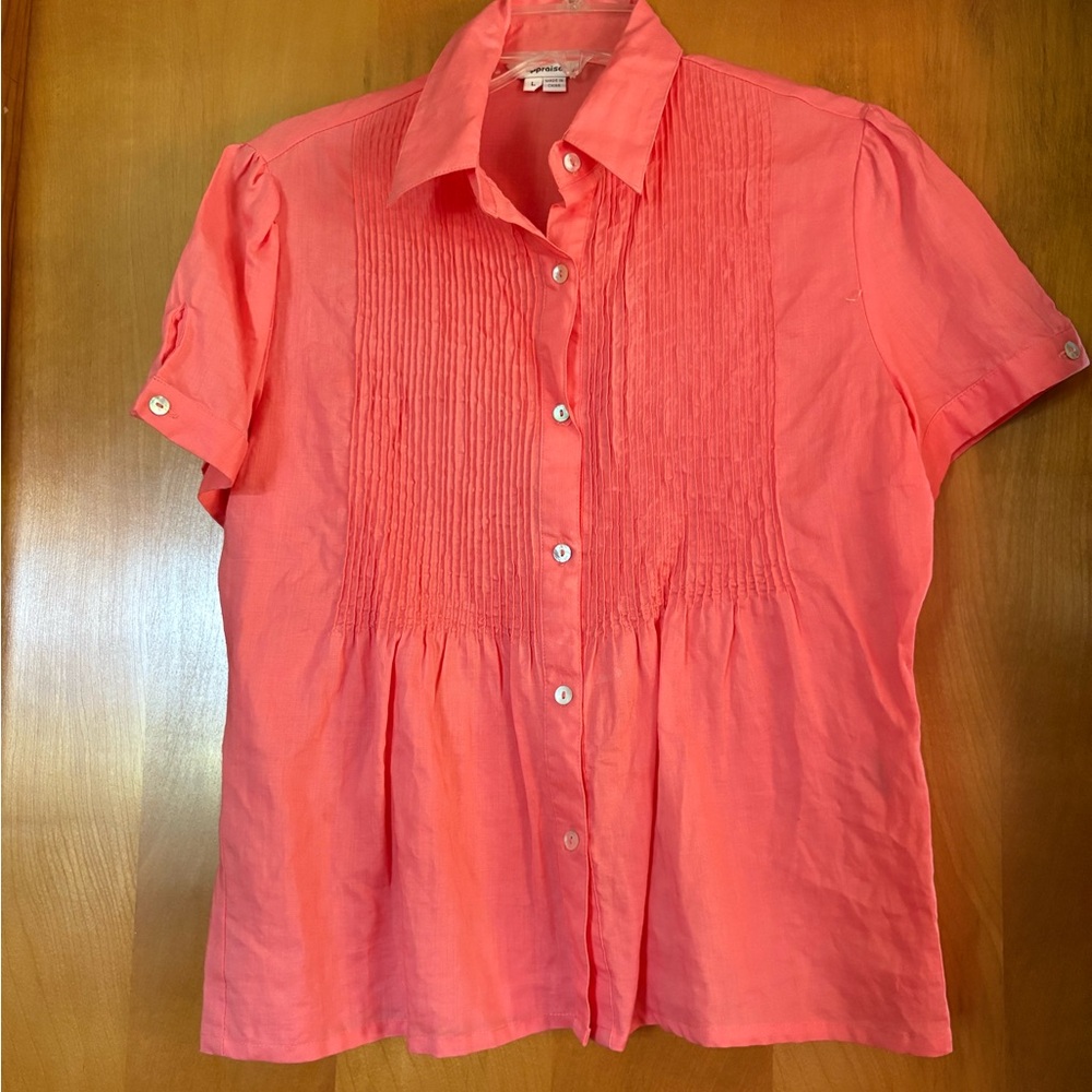 Pink Pleated Button Down Shirt with Notched Collar